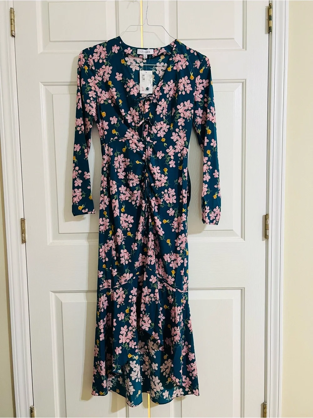 INTERMIX Teal Floral Ruched High-Low Silk Dress with Pink Blossoms